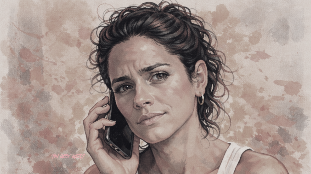 Illustrated portrait of a thoughtful woman holding a phone to her ear, representing the moment many high-functioning women realize they have become the person everyone calls when problems arise, carrying emotional labor and responsibility across work, family, and friendships.
