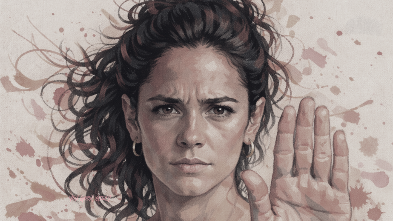 Illustrated portrait of a determined woman raising her hand in a clear stop gesture, symbolizing the moment high-functioning women begin setting boundaries, saying no to unreasonable expectations, and reclaiming their time and personal authority.