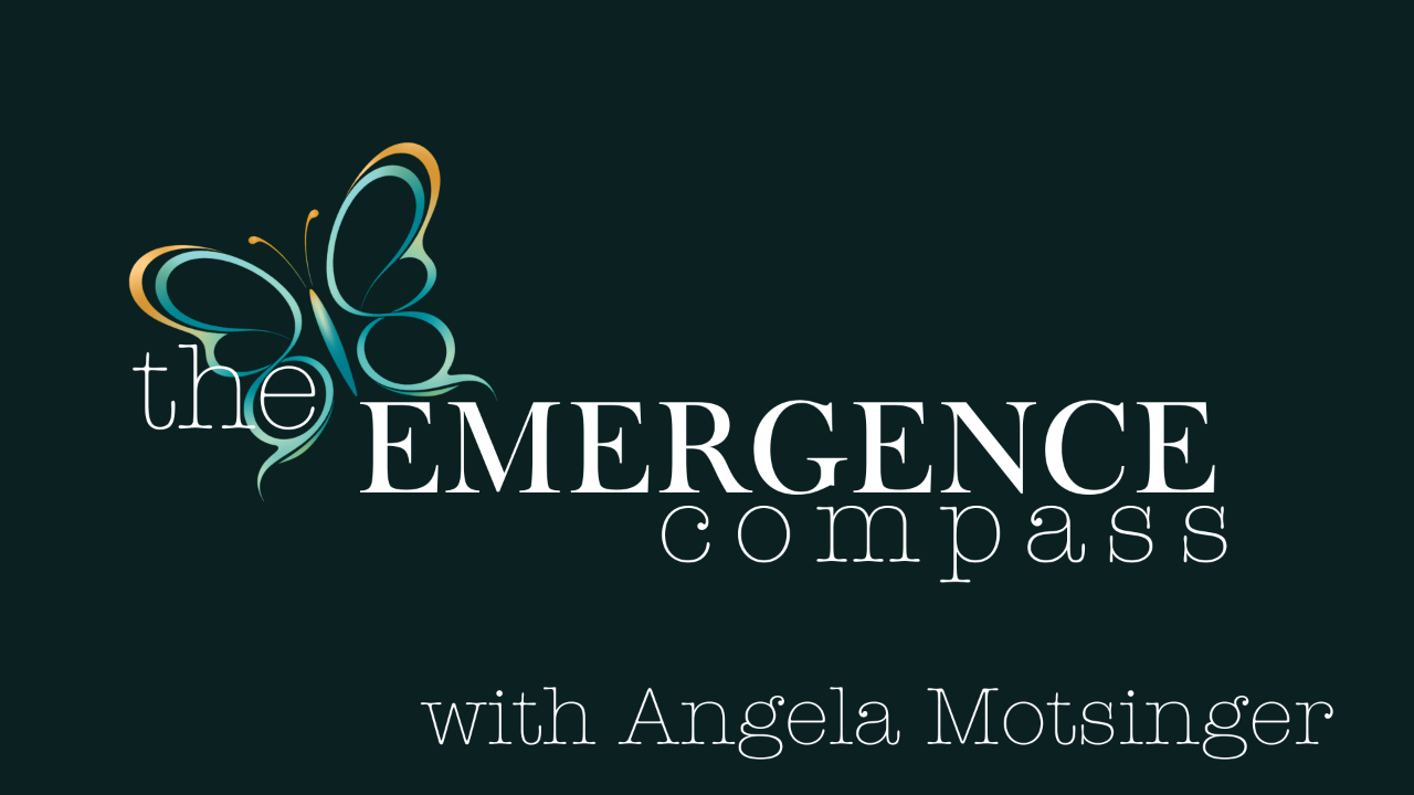 Angela Motsinger, ADHD coach, smiling beside The Emergence Compass blog logo with a teal and gold butterfly on dark green