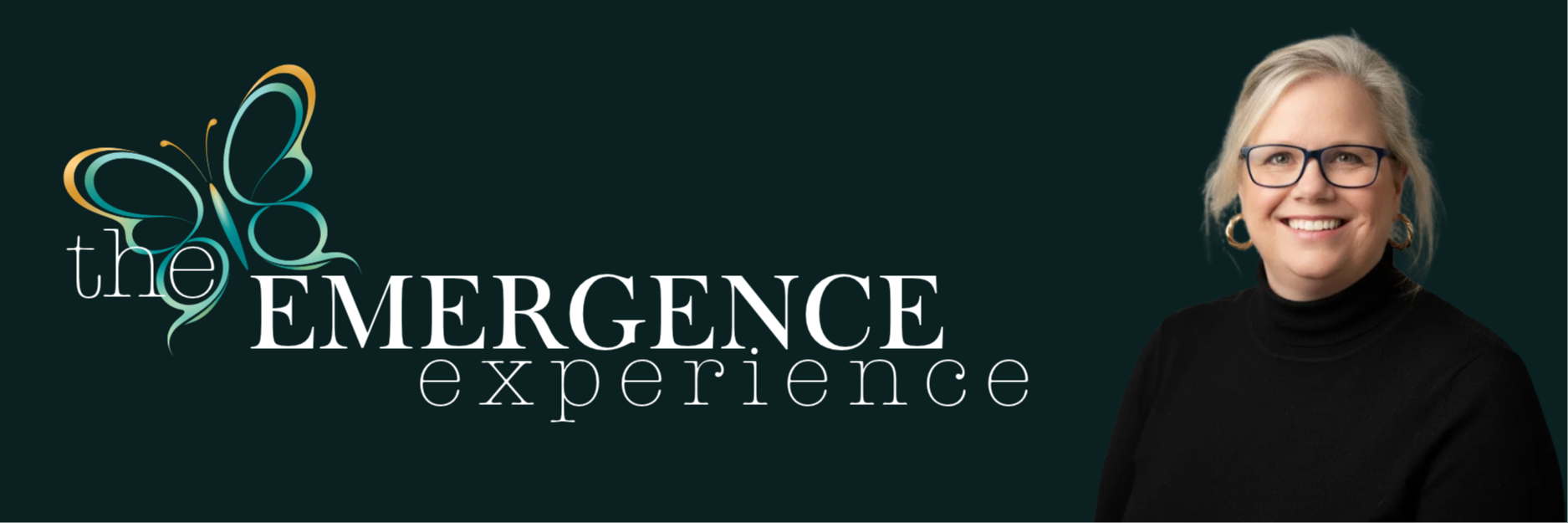 Angela Motsinger, ADHD coach, smiling beside The Emergence Experience logo with a teal and gold butterfly on a dark green background