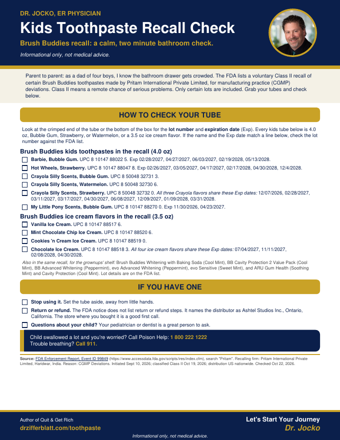 Kids toothpaste recall checklist from Dr. Jocko