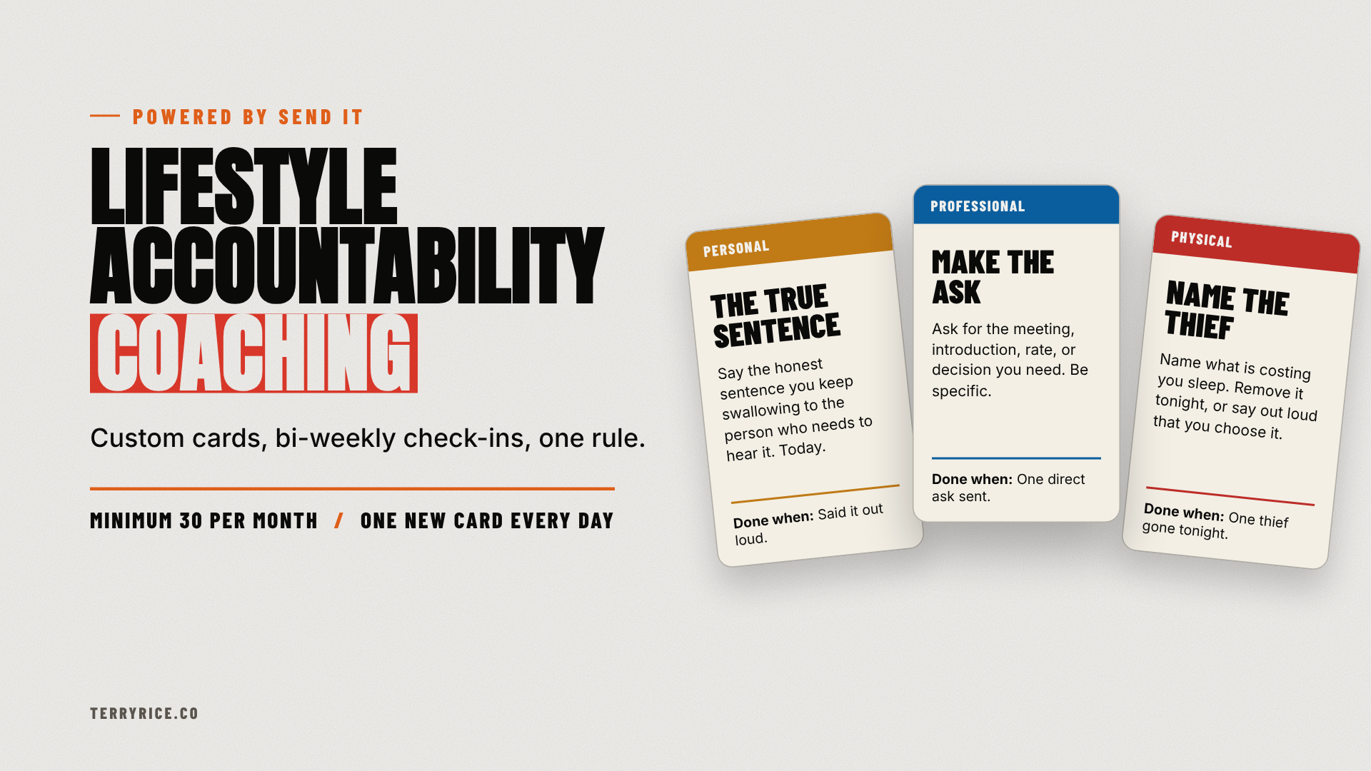 Lifestyle Accountability Coaching, powered by Send It: custom cards, bi-weekly check-ins, one rule