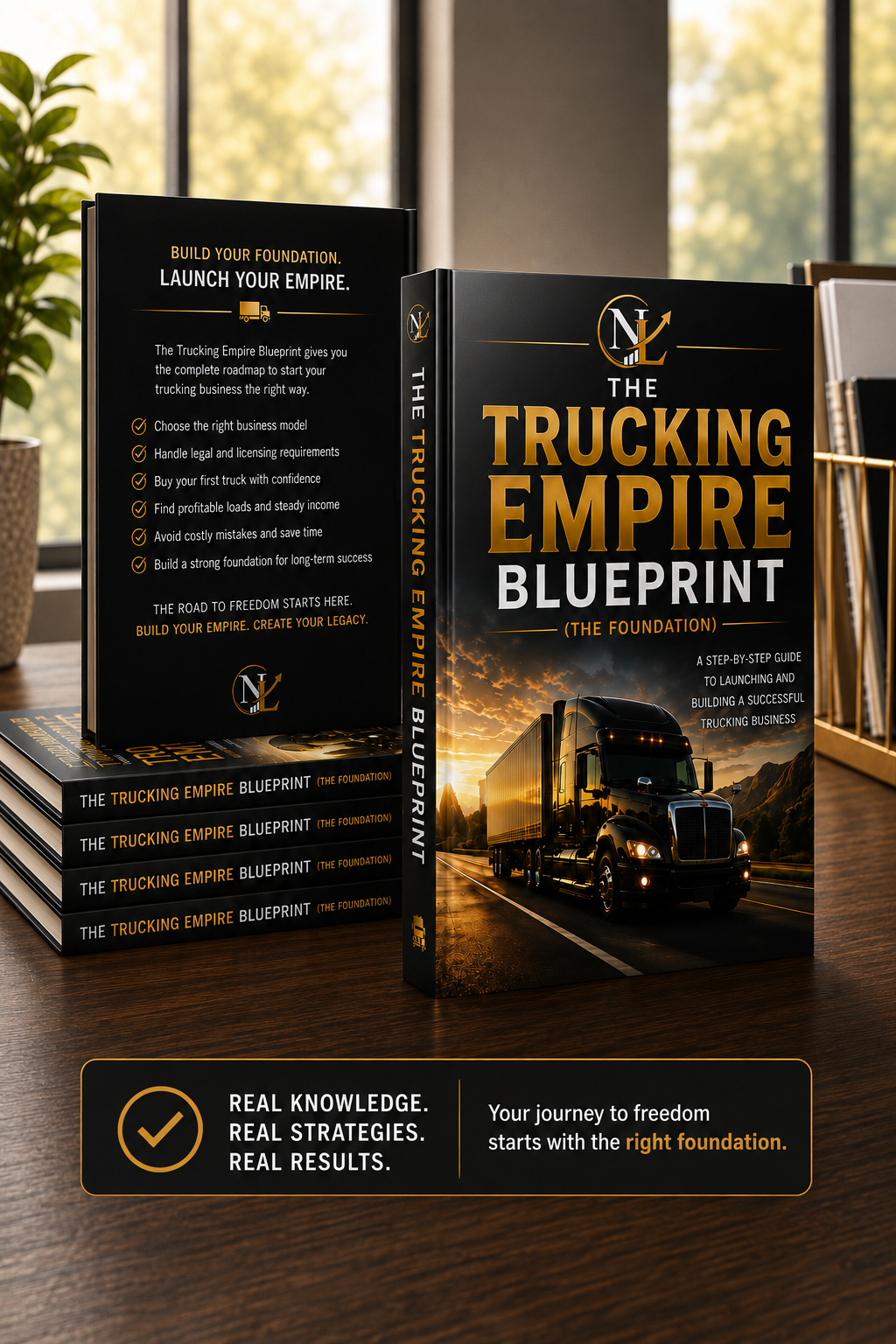 Book 1 feature image showing The Trucking Empire Blueprint in a premium gold and black scene