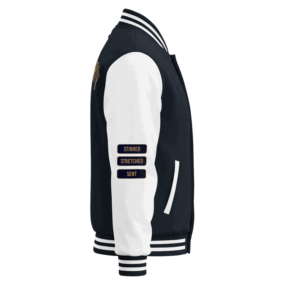 Letterman jacket sleeve with Stirred, Stretched, Sent patches