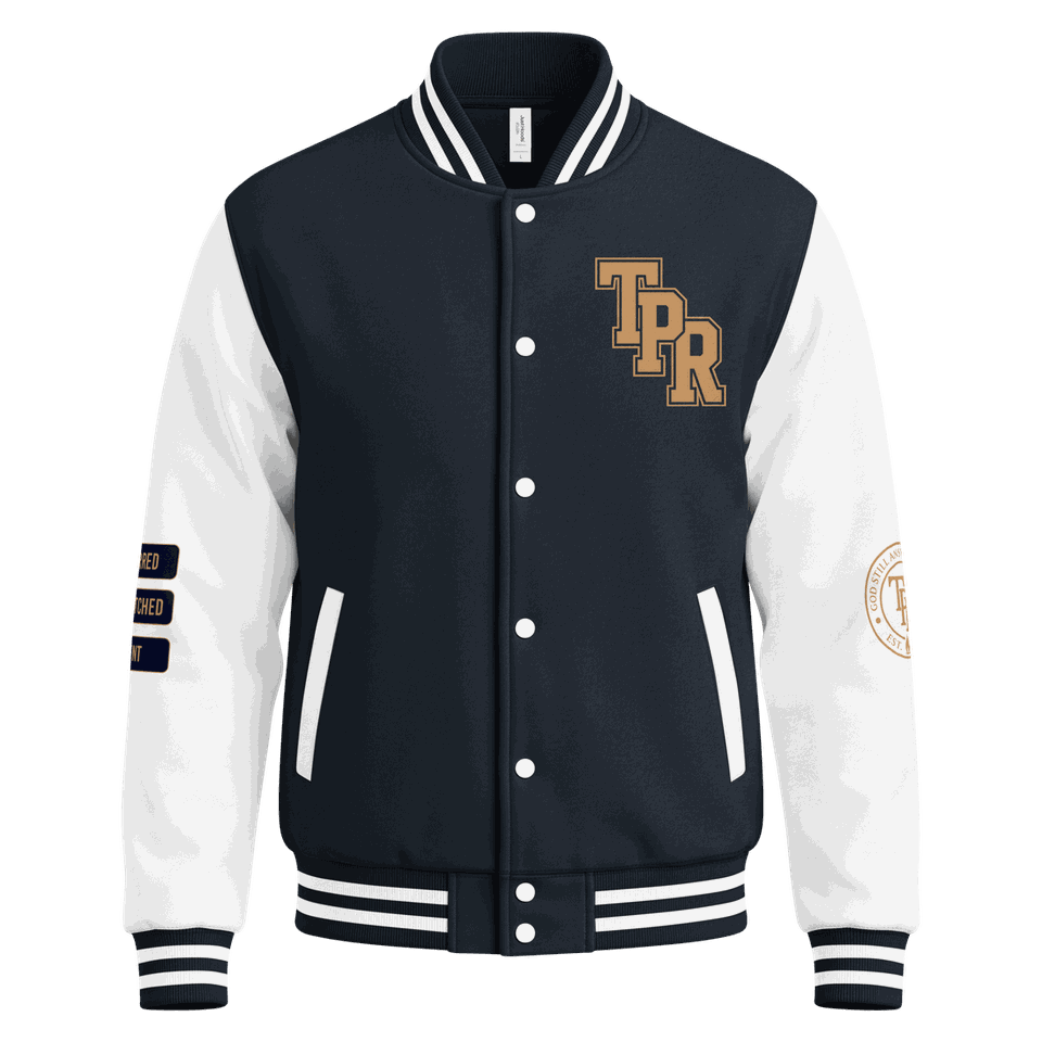 Prayer Army letterman jacket, front, navy body with white sleeves and gold TPR lettering