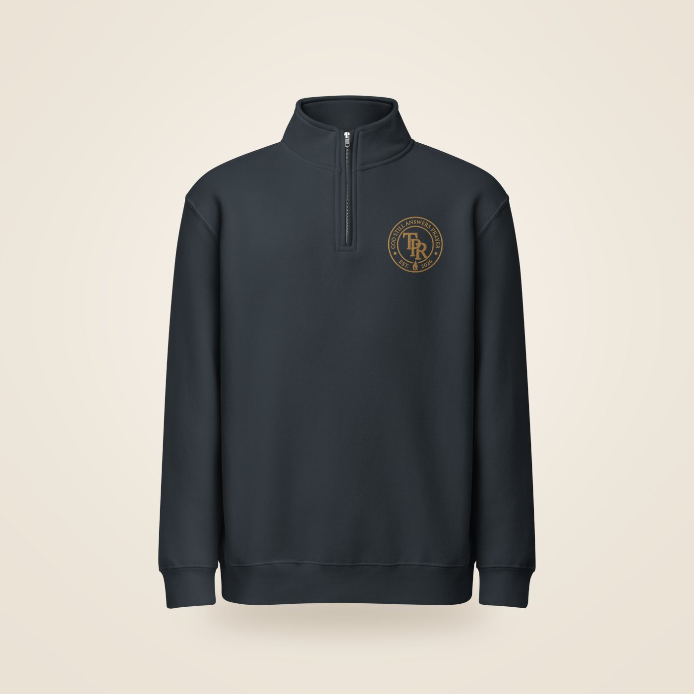 Navy quarter zip with gold embroidered TPR crest