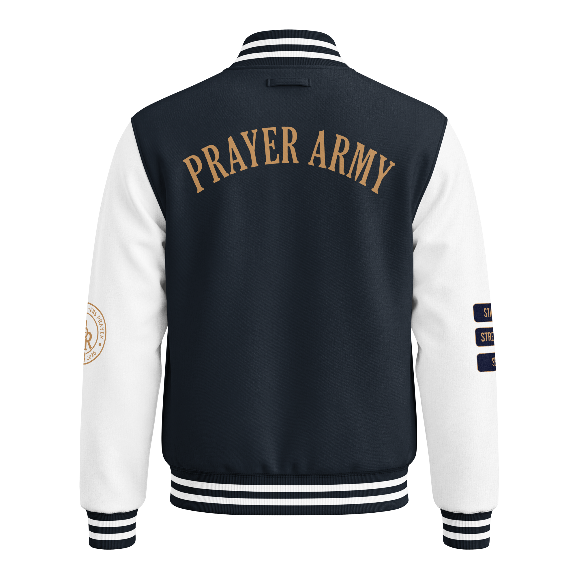 Letterman jacket back with PRAYER ARMY arched in gold