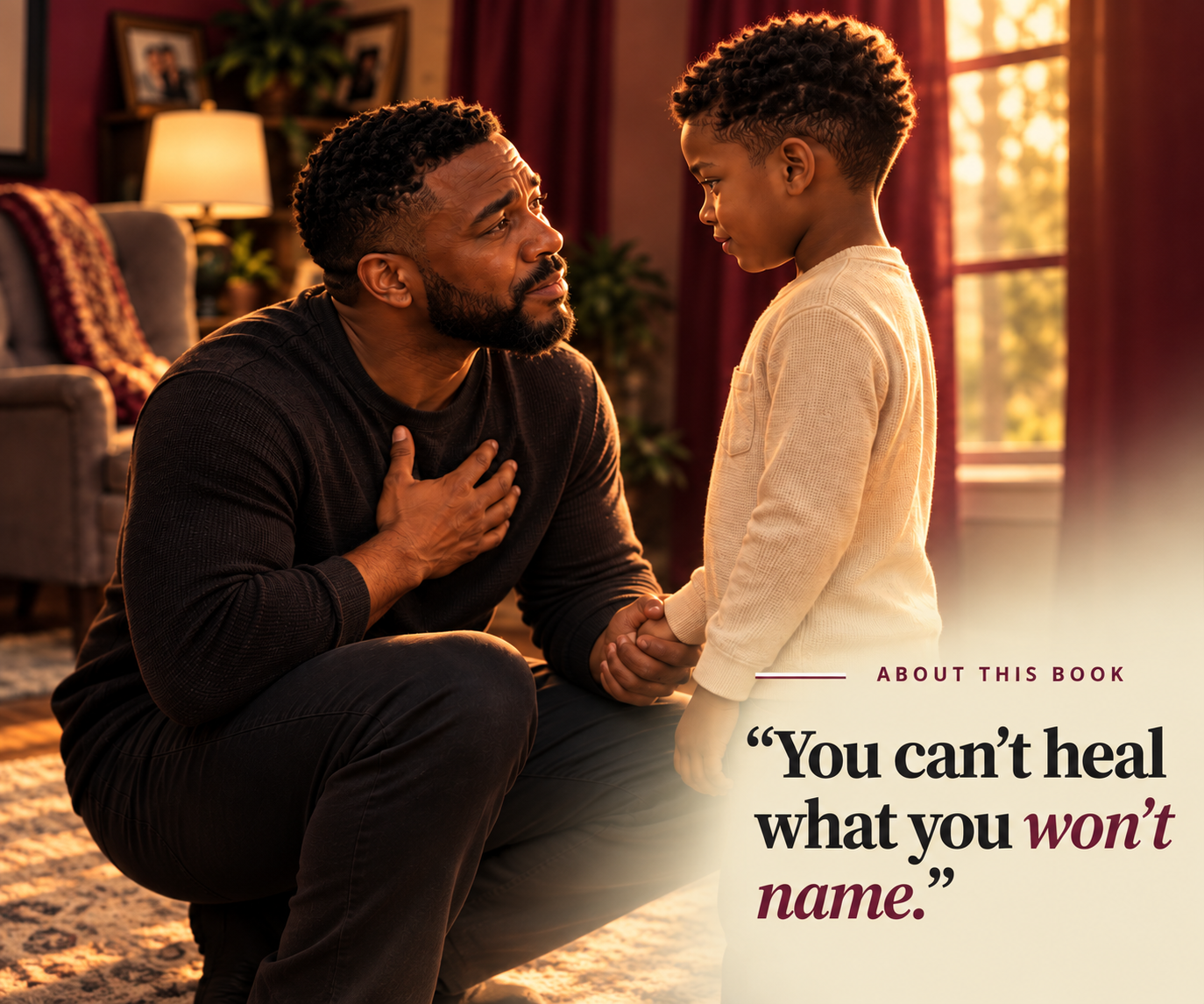 A father kneels, hand on his heart, holding his young son's hand — About this book: “You can't heal what you won't name.”