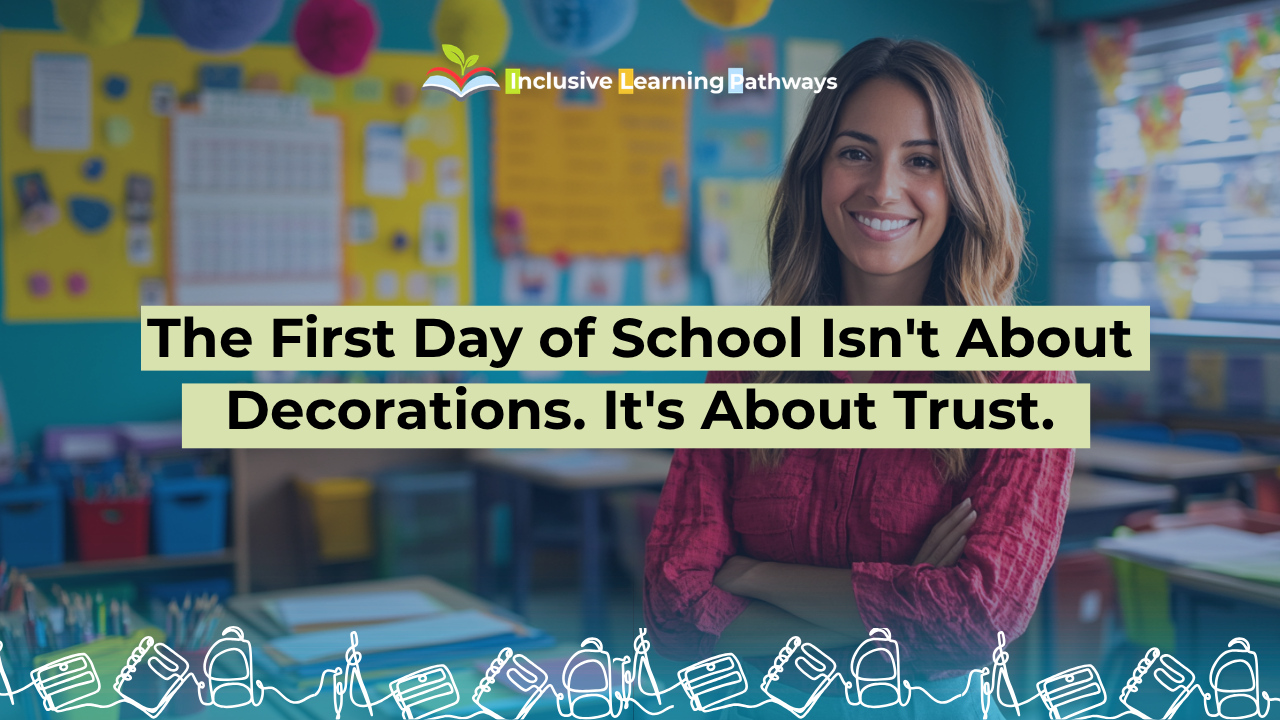 Teacher standing in a colorful, decorated classroom ready for the first day of school
