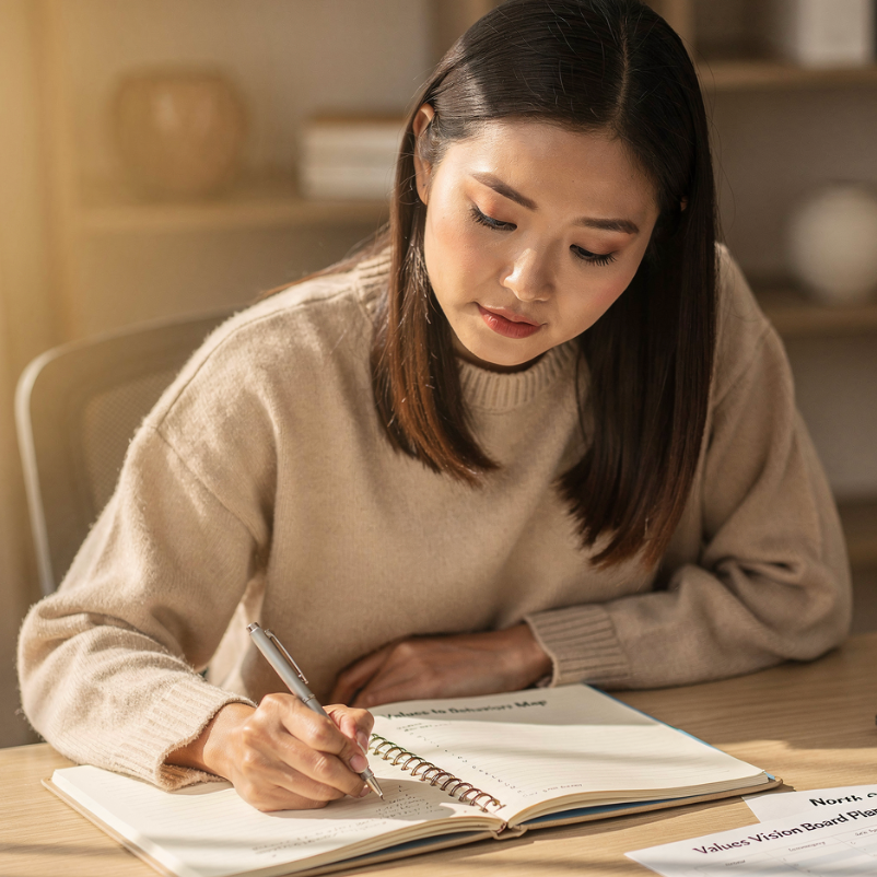 Woman writing in workbook