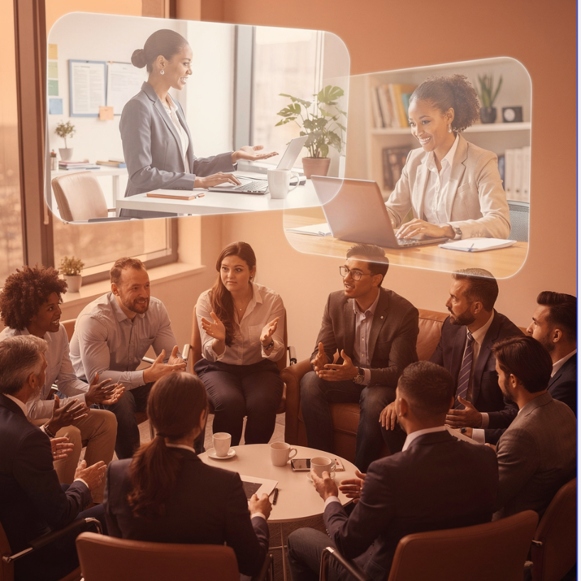 Team in a room with screenshots of two women on computer