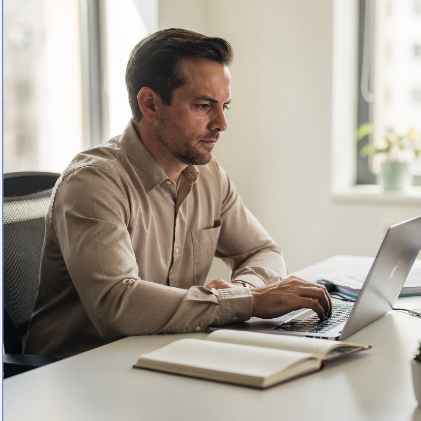 Man working on computer with notebook
