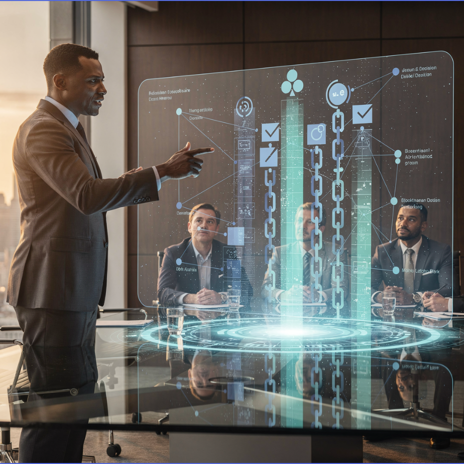 Man explaining blockchain to leadership