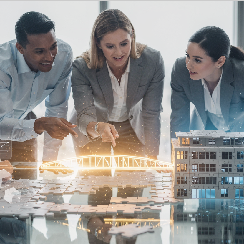 Team looking at hologram bridge on a desk