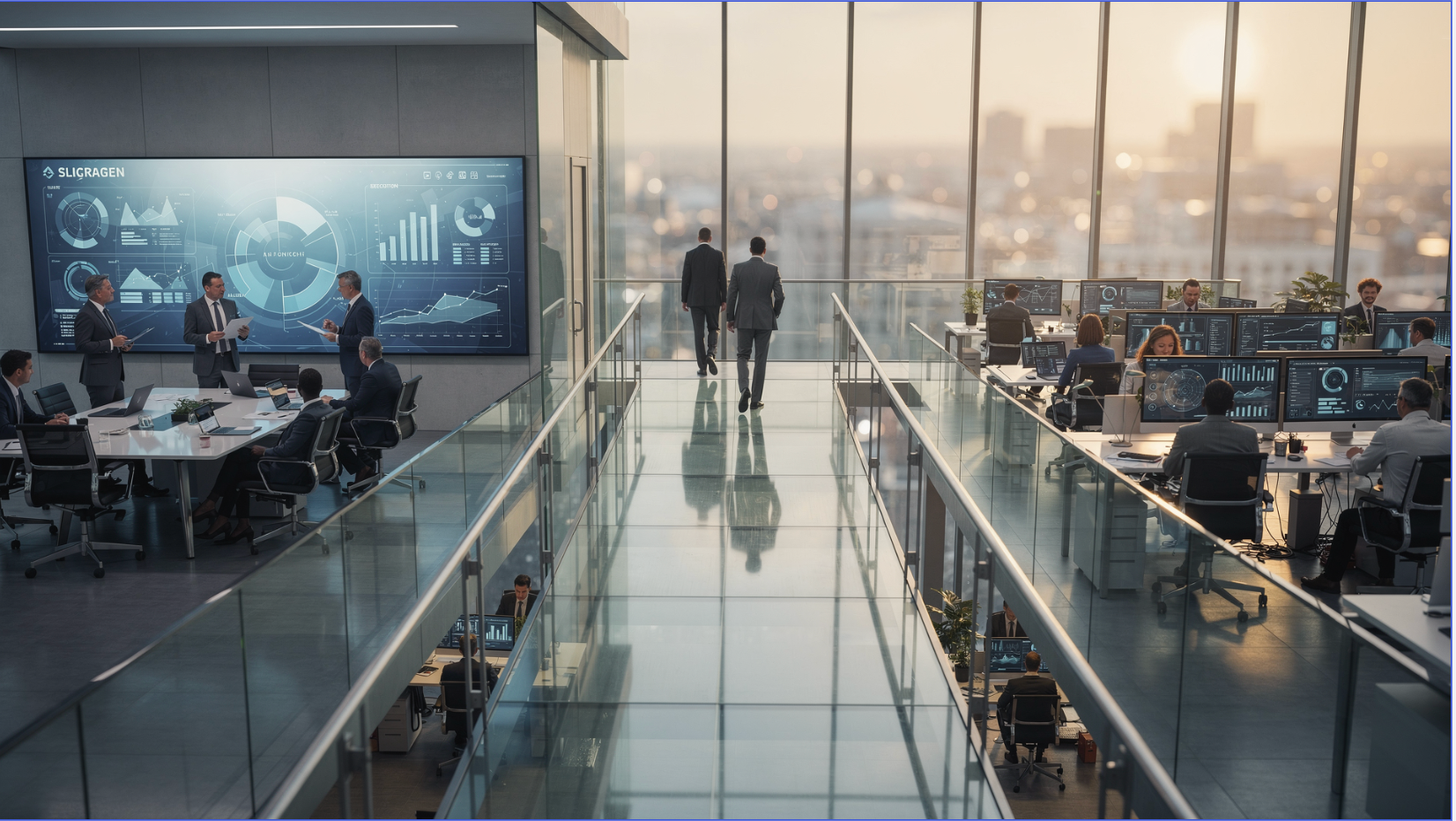Leasers walking through office bridge