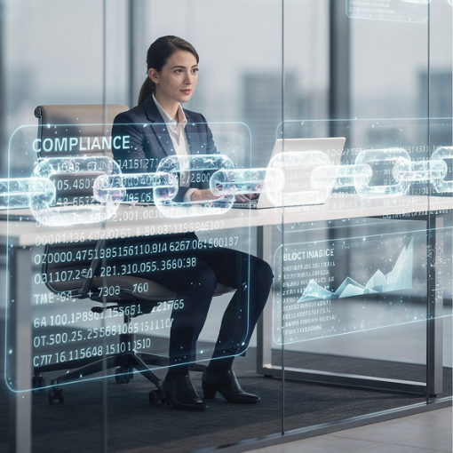 Woman siting at desk working on compliance