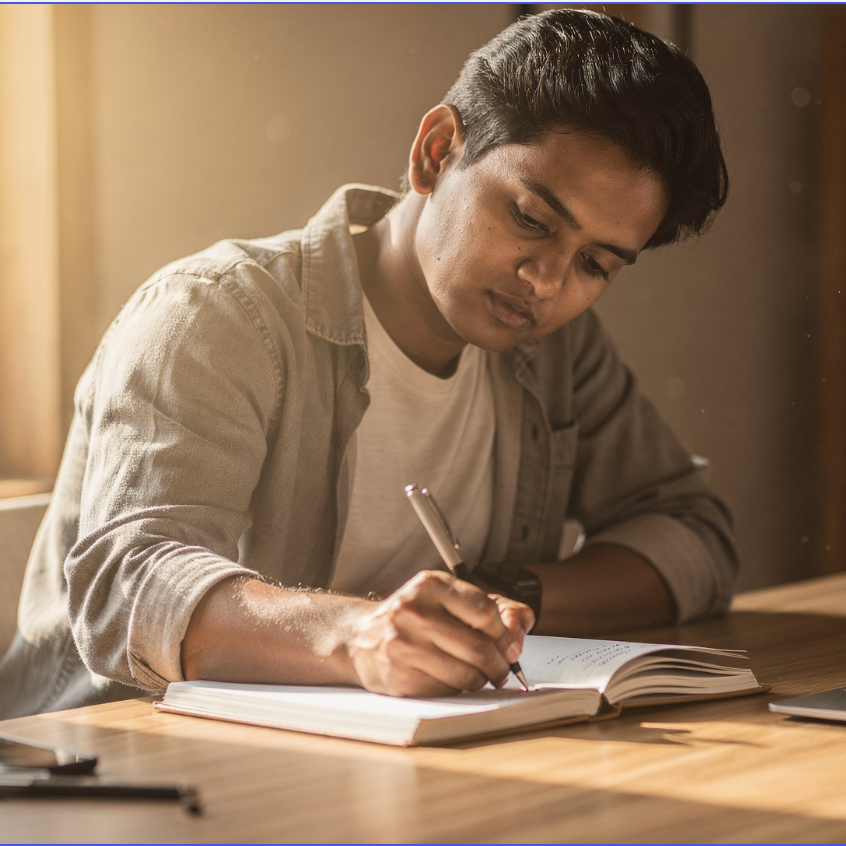 Man taking nots in his workbook