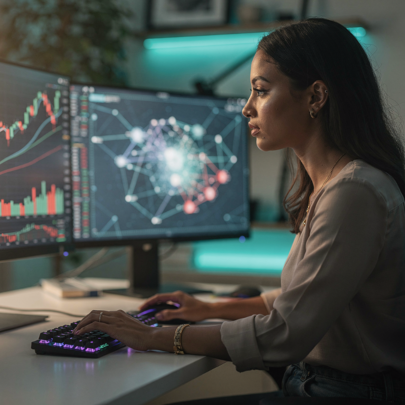 Woman on the computer researching investments