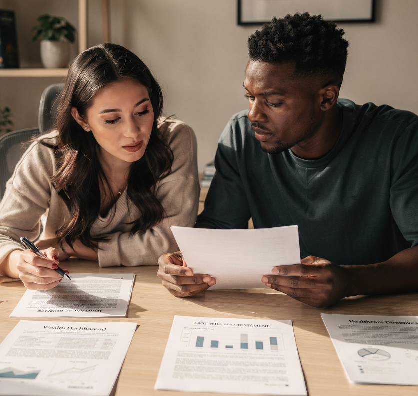 Couple reviewing wealth documents