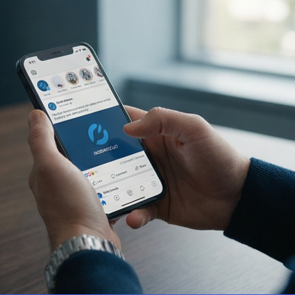 Hand holding phone with brand on social media feed