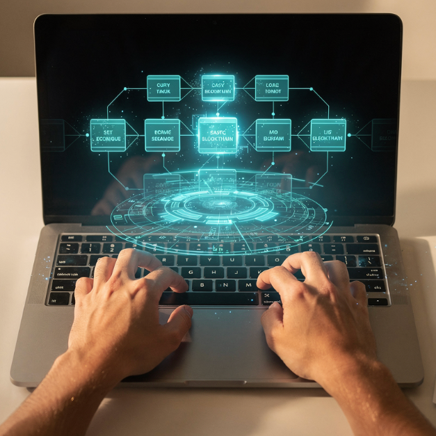Blockchain research on laptop