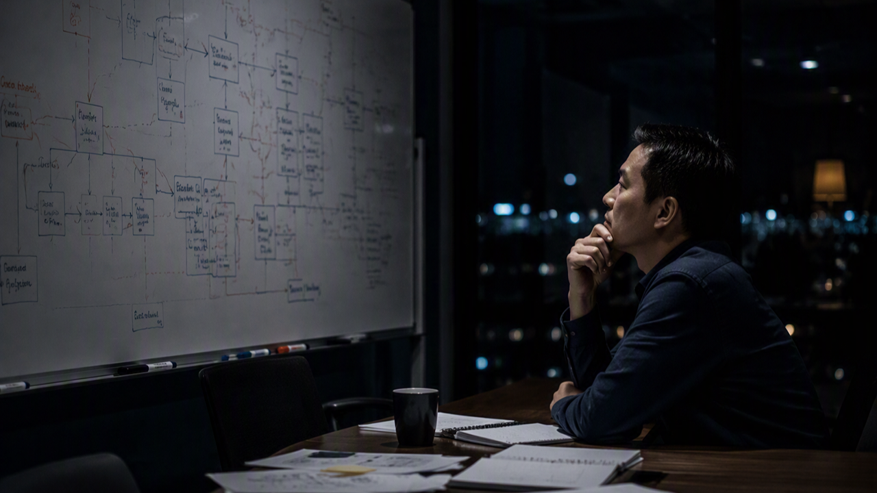 Exhausted technical lead sitting alone late at night in a dark office, analyzing a complex system architecture whiteboard during project crisis.