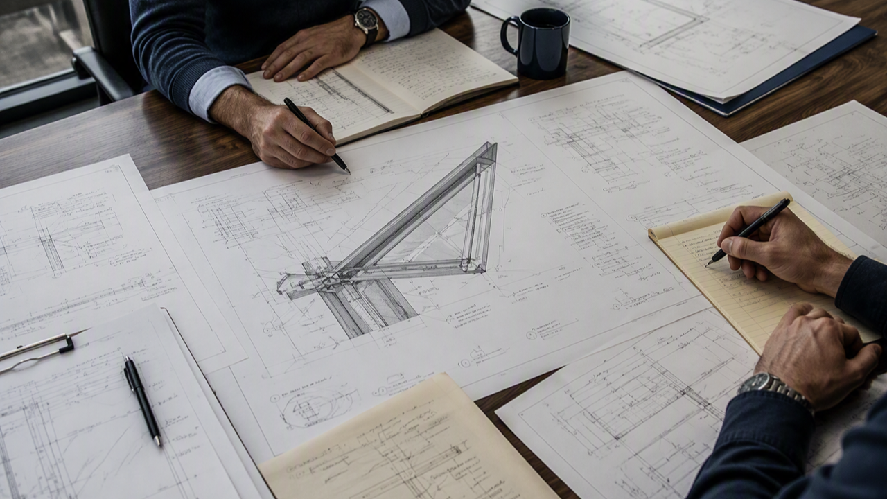 Engineers and project managers reviewing architectural blueprints and taking notes during a front-end project planning session.