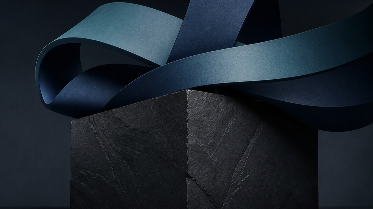 Abstract 3D architectural sculpture of fluid slate-blue ribbons resting on a solid dark stone block, symbolizing agile iteration supported by foundational project planning.