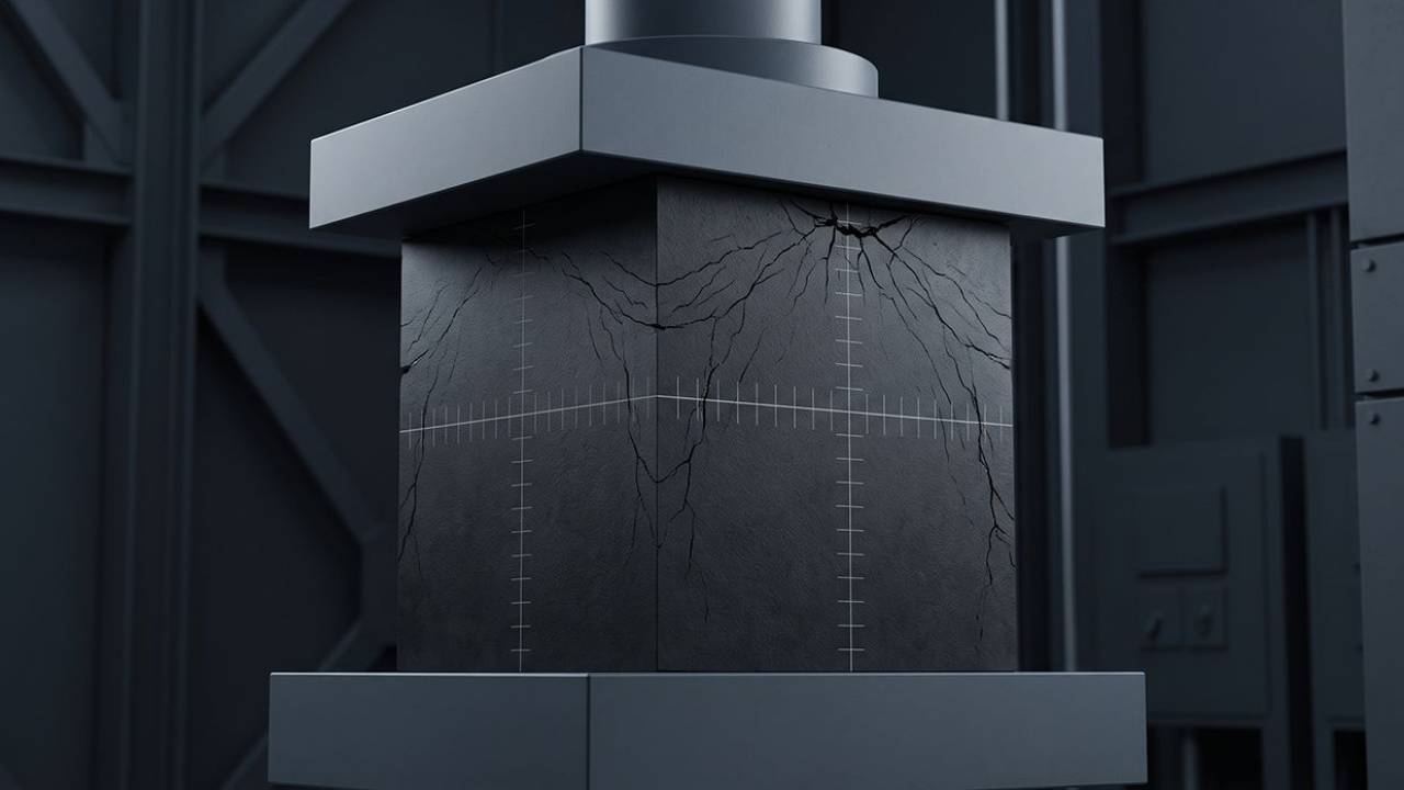 Abstract 3D architectural render of a dark composite block cracking under heavy hydraulic compression, symbolizing the structural risks of rushing a project go-live.