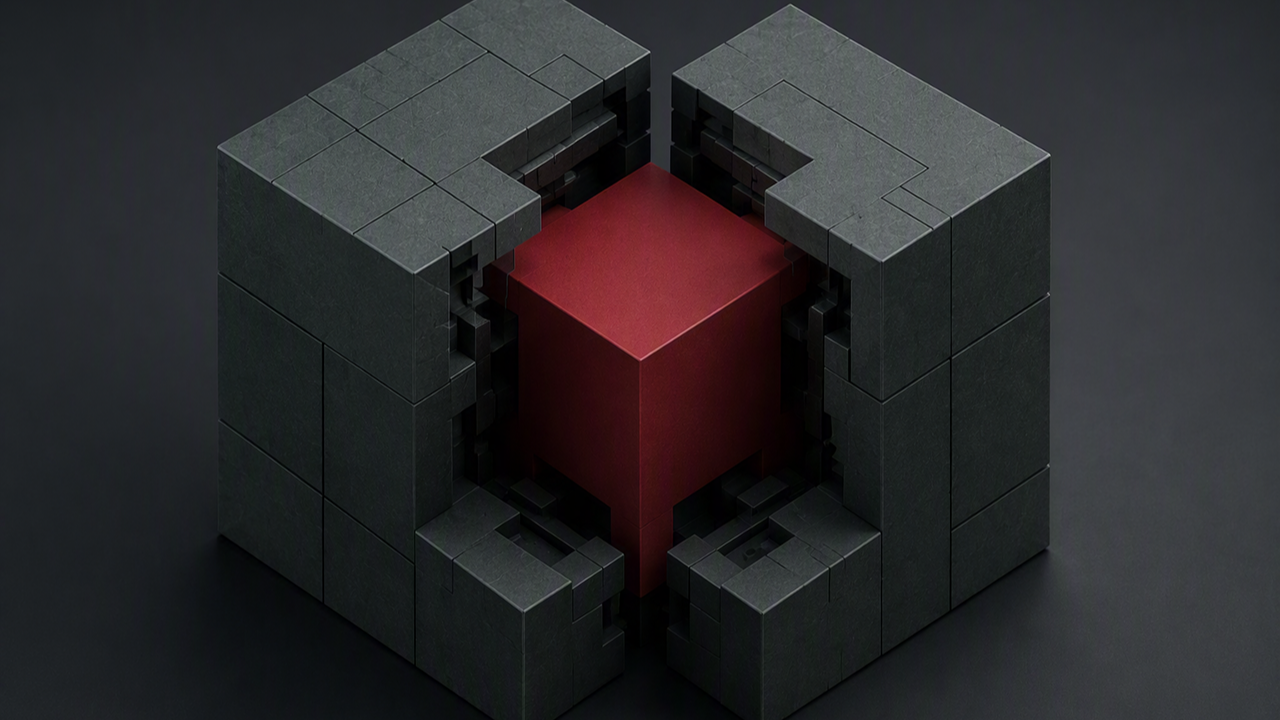 Brutalist 3D render of an isometric dark green slate data cube parting open to reveal a deep red core, representing the watermelon dashboard effect in project reporting.