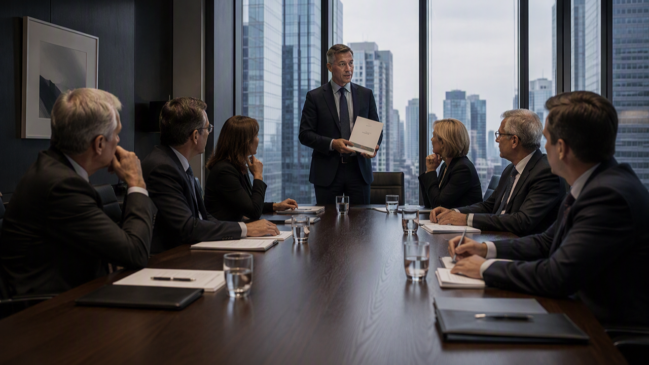 Project director presenting an executive briefing document to corporate stakeholders in a high-rise boardroom, illustrating leading upward to bridge the sponsor disconnect.