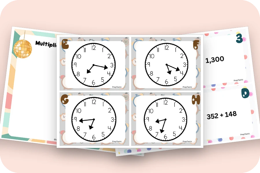 Three sort and matching pages: a word problem sort mat, telling time matching cards and addition estimation matching cards