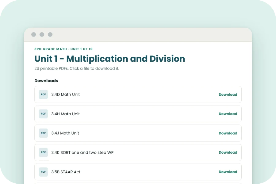 The Unit 1 page listing its printable PDF downloads