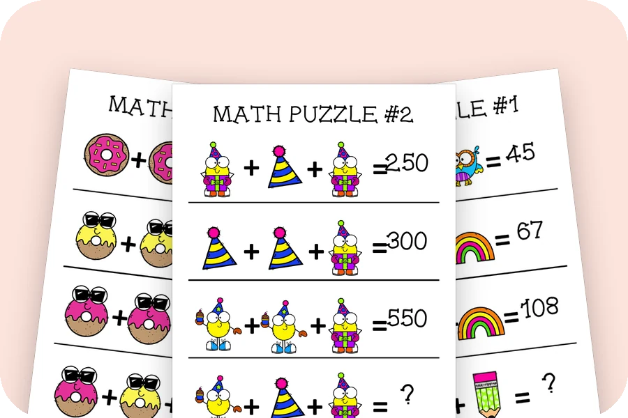 Three math puzzle pages with picture equations to solve