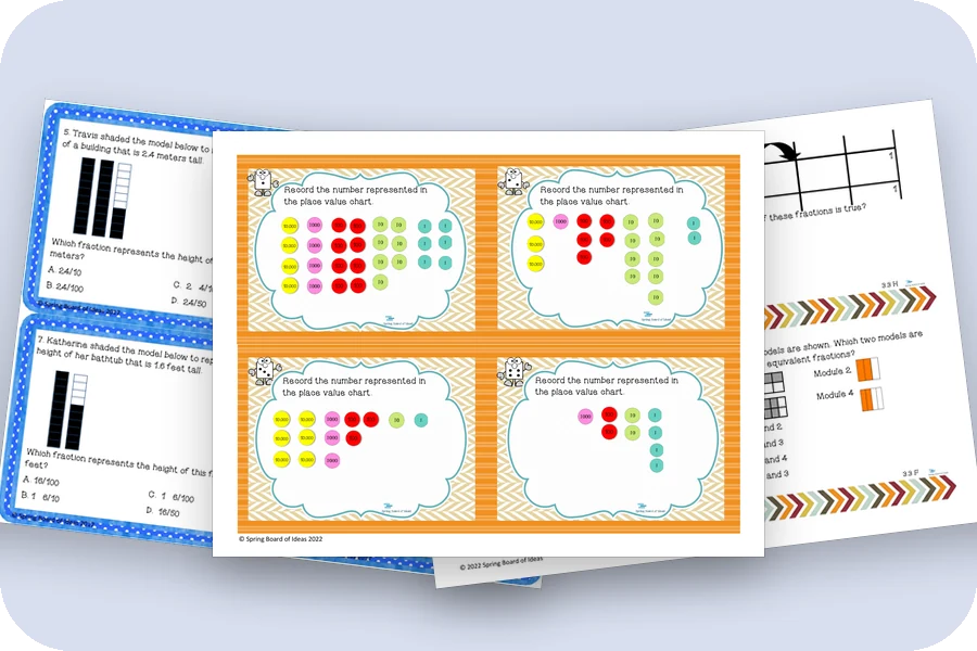Three pages of task cards: STAAR released styled task cards, place value disc task cards and Super Bowl review task cards