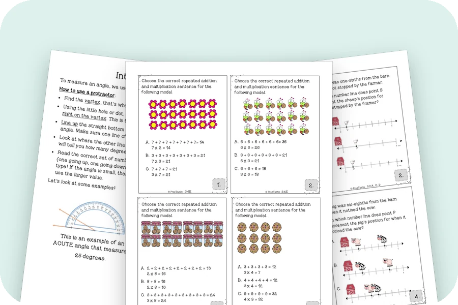 Three STAAR-style practice pages: angle notes, two-part array task cards and fraction number line cards