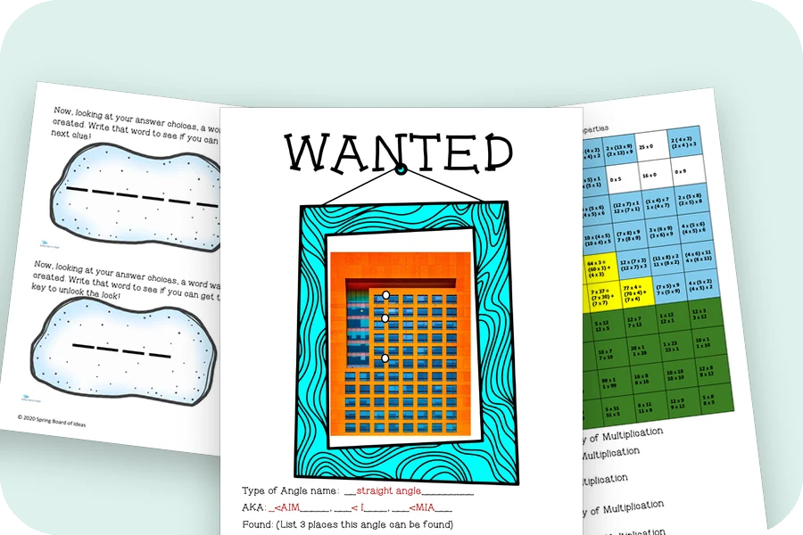 Three themed review pages: escape journey task cards, a wanted poster for angles and a mystery picture page