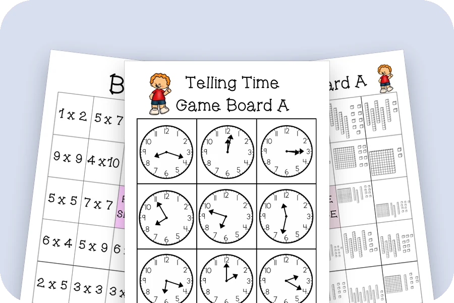 Three game pages: a multiplication BINGO card, a telling time game board and a base ten game board