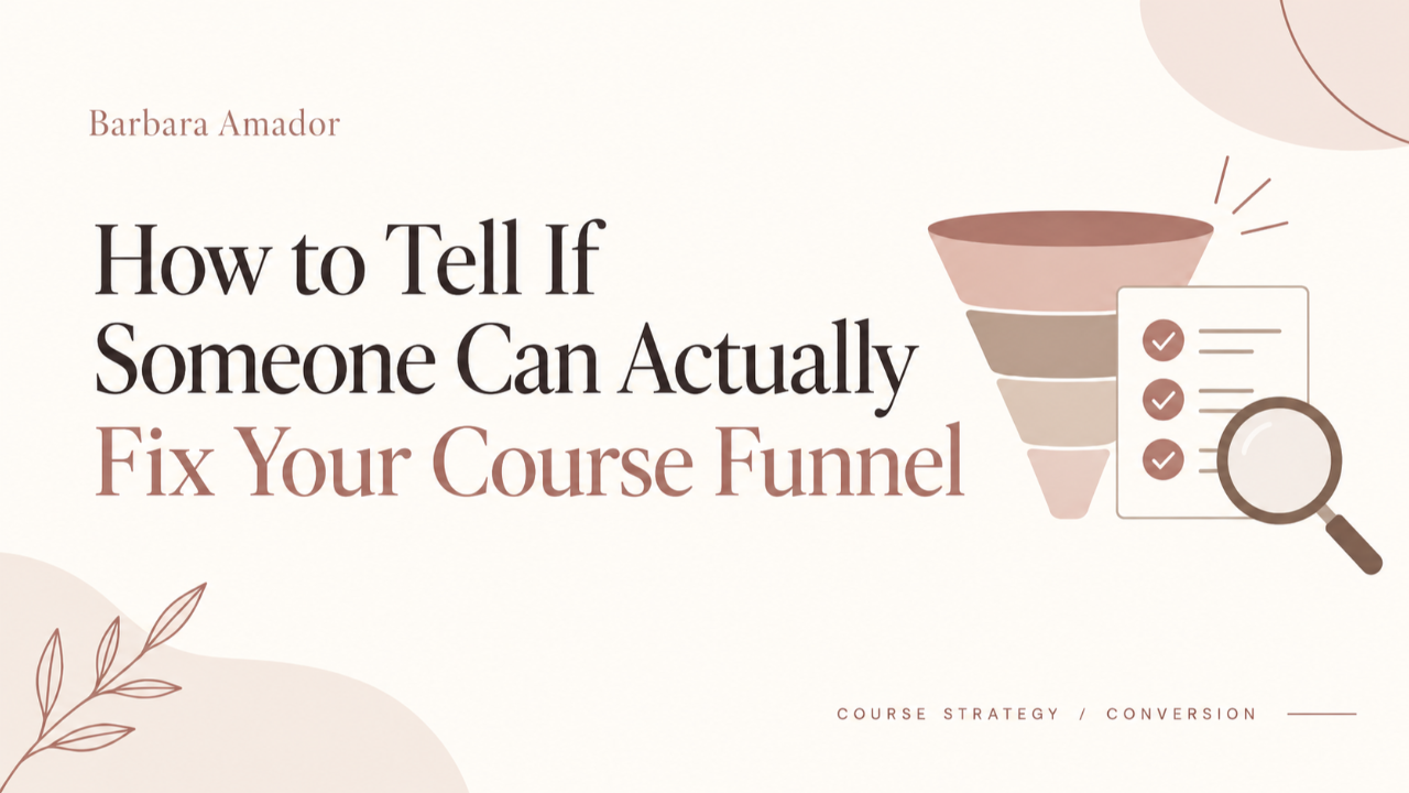 Course sales funnel being inspected with a magnifying glass and checklist, illustrating how to evaluate course conversion optimization work.