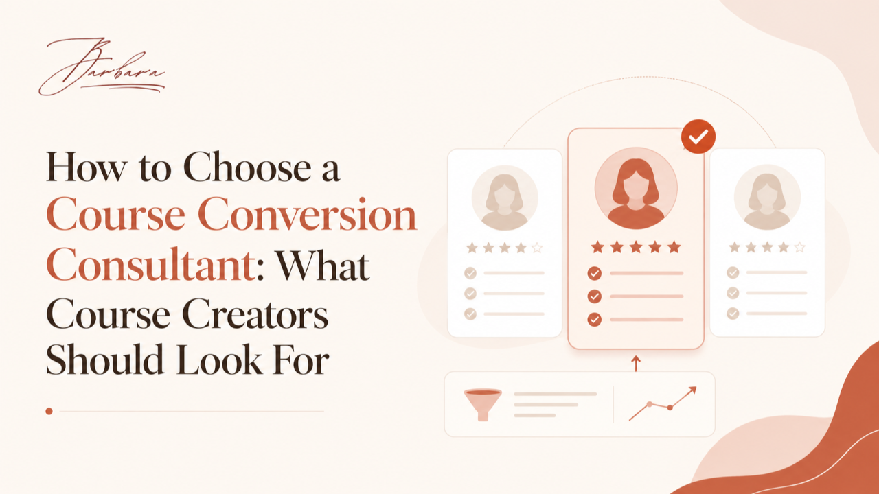 Illustration showing course creators comparing consultant profiles to choose a course conversion consultant who can improve sales and conversions.