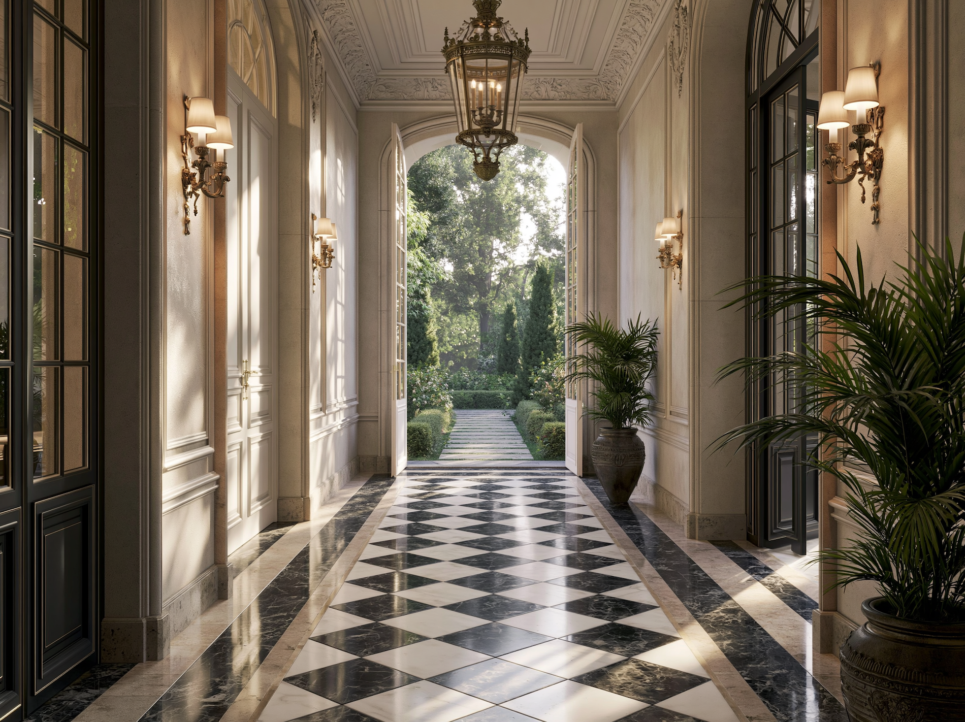 A sunlit corridor opening onto a garden