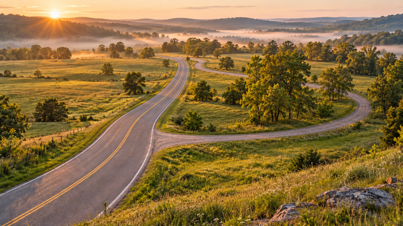 A paved country road with a double yellow center line curves through green fields at sunrise. A gravel side road branches off to the right, loops around a stand of trees and rejoins the main road in the distance, with mist over the hills beyond.