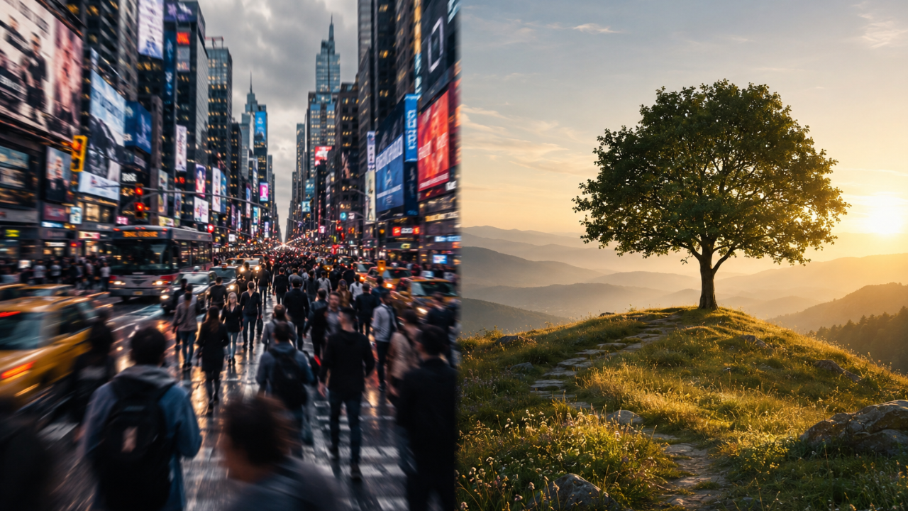 Split image of a crowded neon-lit city street beside a lone tree in a sunlit field