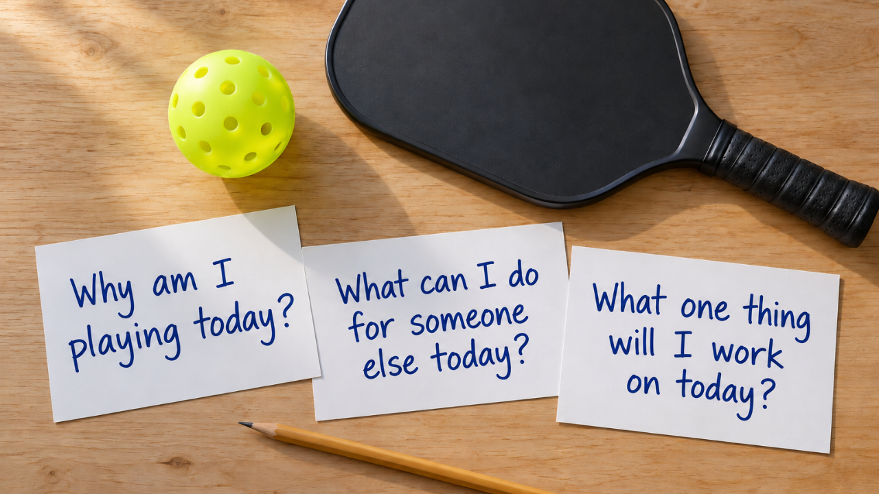 Three handwritten index cards on a wooden table reading “Why am I playing today?”, “What can I do for someone else today?”, and “What one thing will I work on today?”, next to a pickleball paddle, a yellow-green pickleball, and a pencil.