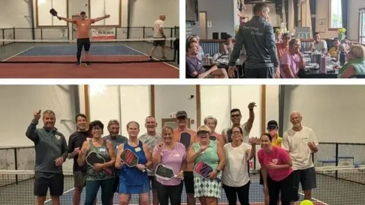 Coach Tony Roig teaching a group of adult campers during an indoor pickleball camp