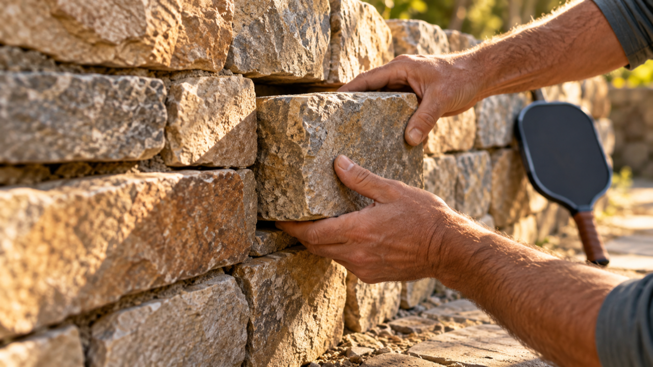 Two hands set a rough-cut stone block into a gap in a stone wall in warm sunlight, with a black pickleball paddle leaning against the wall nearby.