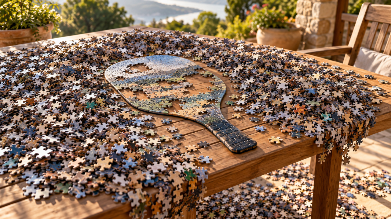 Pickleball paddle-shaped jigsaw puzzle on an outdoor patio table, surrounded by thousands of loose puzzle pieces.