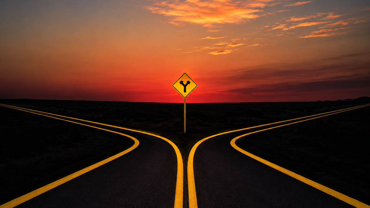 Fork in the road at dusk, the two paths a player can take in their development