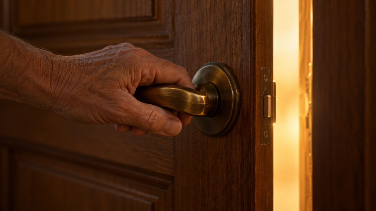 An older hand grips the brass lever handle of a wooden door, opening it slightly as warm golden light shines through the gap.