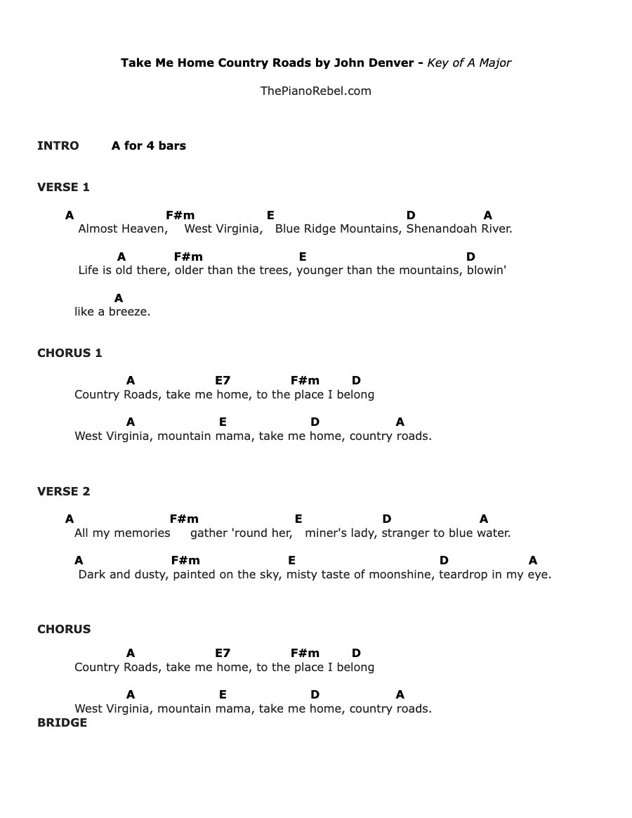 Preview of the Take Me Home, Country Roads sheet